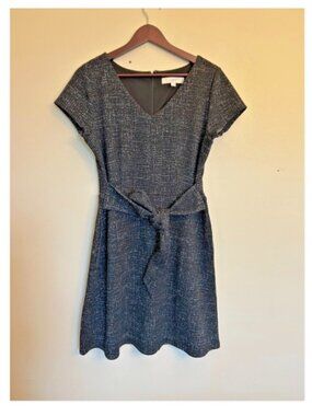 LOFT Women's Shimmer Tweed Tie Waist Dress V-Neck Textured Black Size 10